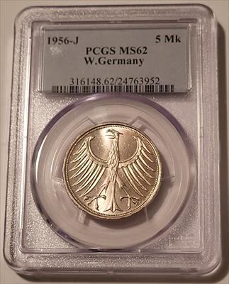 West Germany 1956 J  Silver 5 Mark MS62 PCGS
