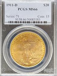 1911-D $20 St Gaudens MS66 PCGS
