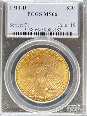1911-D $20 St Gaudens MS66 PCGS