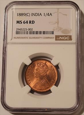 India - British - Victoria 1889 (C) 1/4 Anna MS64 RED NGC