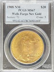1908 NM $20 St Gaudens Wells Fargo MS67 PCGS