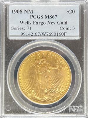 1908 NM $20 St Gaudens Wells Fargo MS67 PCGS