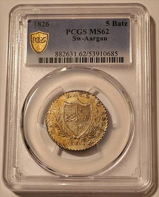 Switzerland - Cantons Aargau 1826 Silver 5 Batzen MS62 PCGS GSH