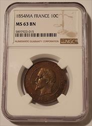 France Napoleon III 1854 MA 10 Centimes MS63 BN NGC