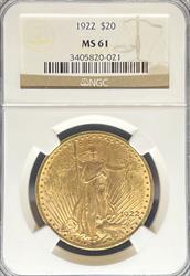 1922 $20 St Gaudens MS61 NGC