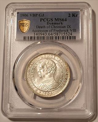 Denmark 1906 VBP GJ Silver 2 Kroner Death of Christian IX MS64 PCGS GSH