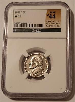1994 P Jefferson Nickel SMS SP70 NGC 44 of 100 Greatest US Modern Coins
