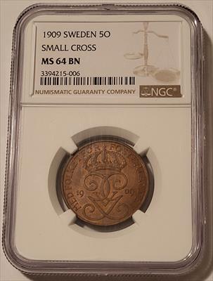 Sweden Gustaf V 1909 5 Ore Small Cross MS64 BN NGC