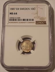 Sweden Oscar II 1887 EM Silver 10 Ore MS64 NGC
