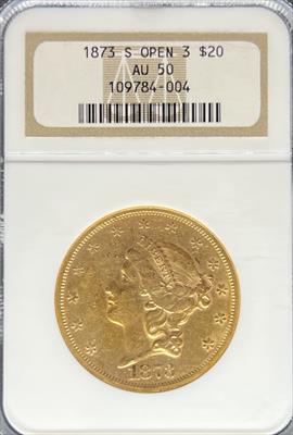 1873-S Open 3 $20 Liberty AU50 NGC