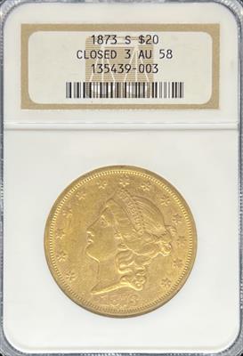 1873-S Closed 3 $20 Liberty AU58 NGC