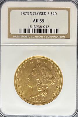 1873-S Closed 3 $20 Liberty AU55 NGC