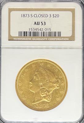 1873-S Closed 3 $20 Liberty AU53 NGC