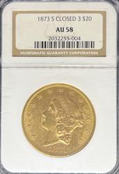 1873-S Closed 3 $20 Liberty AU58 NGC