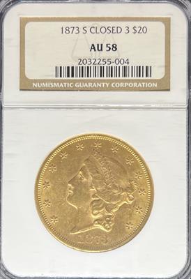 1873-S Closed 3 $20 Liberty AU58 NGC