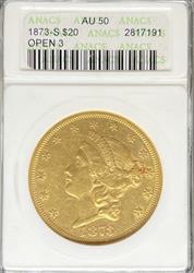 1873-S Open 3 $20 Liberty AU50 ANACS