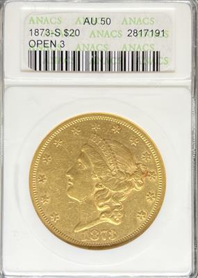 1873-S Open 3 $20 Liberty AU50 ANACS