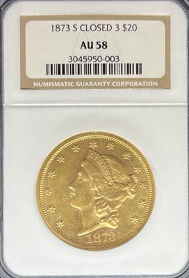 1873-S Closed 3 $20 Liberty AU58 NGC