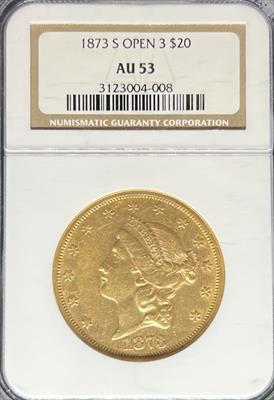 1873-S Open 3 $20 Liberty AU53 NGC