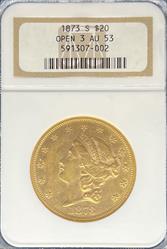 1873-S Open 3 $20 Liberty AU53 NGC