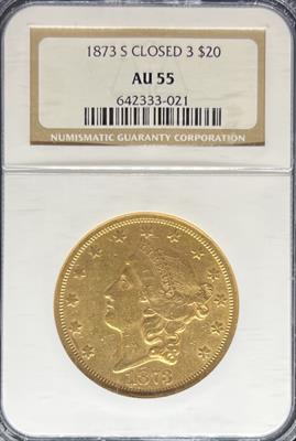 1873-S Closed 3 $20 Liberty AU55 NGC