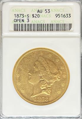 1873-S Open 3 $20 Liberty AU53 ANACS