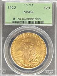 1922 $20 St Gaudens MS64 PCGS OGH