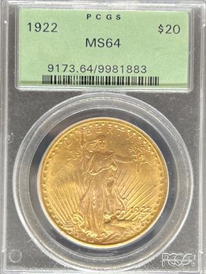 1922 $20 St Gaudens MS64 PCGS OGH