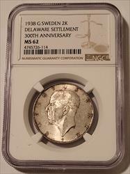 Sweden Gustaf V 1938 G Silver 2 Kronor Delaware Settlement 300th Anniversary MS62 NGC
