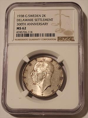 Sweden Gustaf V 1938 G Silver 2 Kronor Delaware Settlement 300th Anniversary MS62 NGC
