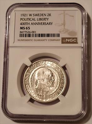 Sweden Gustaf V 1921 W Silver 2 Kronor Political Liberty 400th Anniversary MS65 NGC