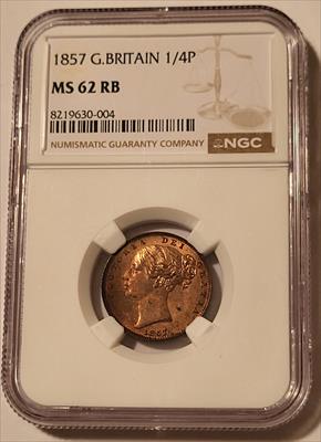 Great Britain Victoria 1857 1/4 Penny Farthing MS62 RB NGC