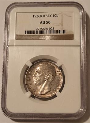 Italy Vittorio Emanuele III 1926 R Silver 10 Lire AU50 NGC