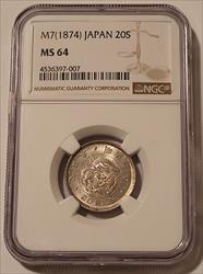 Japan Meiji Era 1874 Silver 20 Sen MS64 NGC