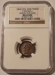 Civil War Patriotic Token 1864 Union For Ever F-49/343a MS65 BN NGC