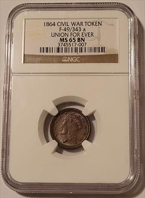 Civil War Patriotic Token 1864 Union For Ever F-49/343a MS65 BN NGC
