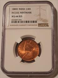 India - British - Victoria 1880 C 1/4 Anna Incuse Mintmark MS64 RED NGC