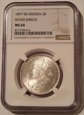 Sweden Oscar II Silver Jubilee 1897 EB 2 Kronor MS64 NGC