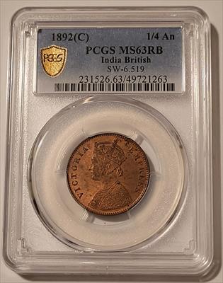 India - British - Victoria 1892 (C) 1/4 Anna MS63 RB PCGS GSH