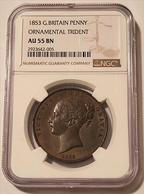 Great Britain Victoria 1853 Penny Ornamental Trident AU55 BN NGC