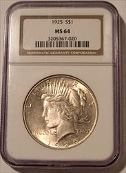 1925 Peace Silver Dollar VAM-1T TOP-50 Missing Rays (Stickered Reverse) R6 MS64 NGC