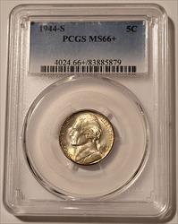 1944 S Jefferson Silver Nickel MS66+ PCGS Nice Toning