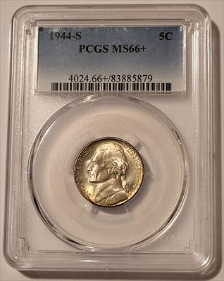 1944 S Jefferson Silver Nickel MS66+ PCGS Nice Toning