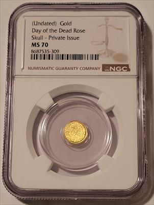 Day of the Dead Rose Skull Undated Gold Token 1/200 oz Private Issue MS70 NGC