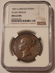 Great Britain Victoria 1855 Penny Plain Trident MS62 BN NGC