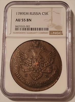 Russia Catherine II The Great 1789 EM 5 Kopeks AU55 BN NGC