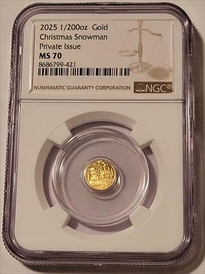 2025 Christmas Snowman Gold Token 1/200 oz US Private Issue MS70 NGC
