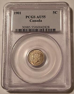 Canada Victoria 1901 Silver 5 Cents AU55 PCGS