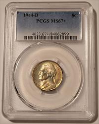 1944 D Jefferson Silver Nickel MS67+ PCGS Nice Toning