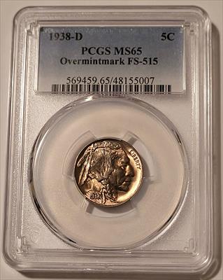 1938 D Buffalo Nickel Overmintmark FS-515 MS65 PCGS Toning